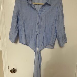Mine Blue 3/4 Sleeve Button Down Shirt with Tie Front